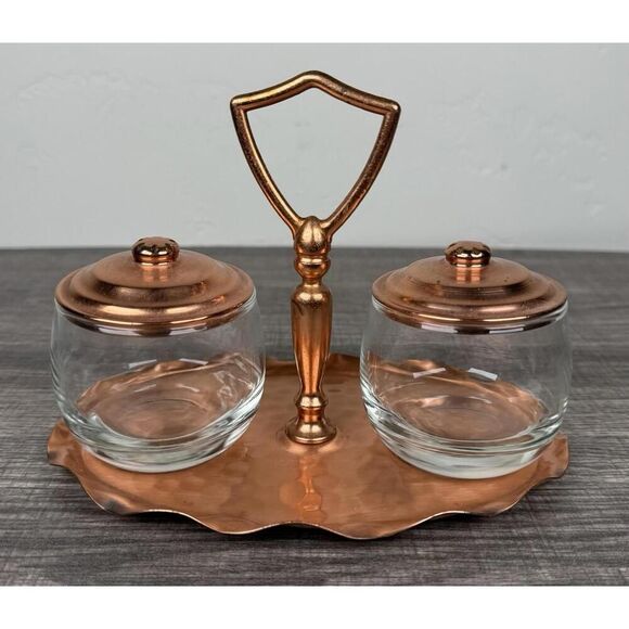 Vintage Copper Cut Glass Condiment Jars Tray Set Coppersmith Treasure Of Time - Picture 1 of 9